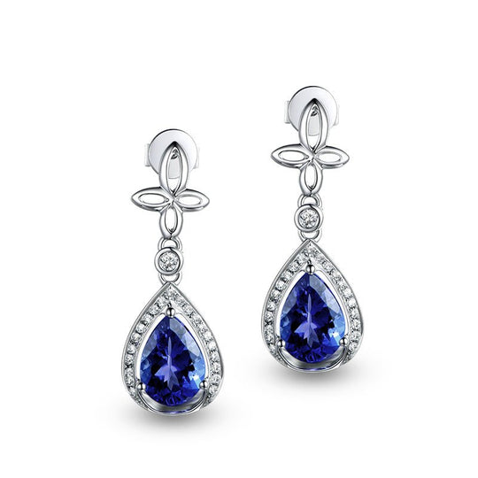 Pear Tanzanite Diamond Flower Stud Earrings 18K White Gold