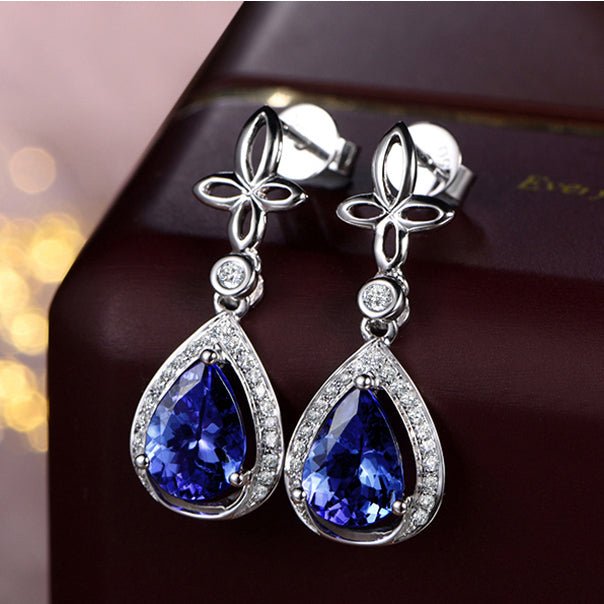 Pear Tanzanite Diamond Flower Stud Earrings 18K White Gold - Lord of Gem Rings