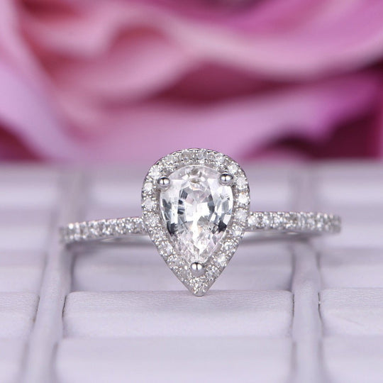 Pear White Topaz Diamond Halo Engagement Ring 14K White Gold