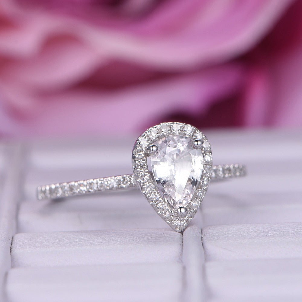 Pear White Topaz Diamond Halo Engagement Ring 14K White Gold - Lord of Gem Rings