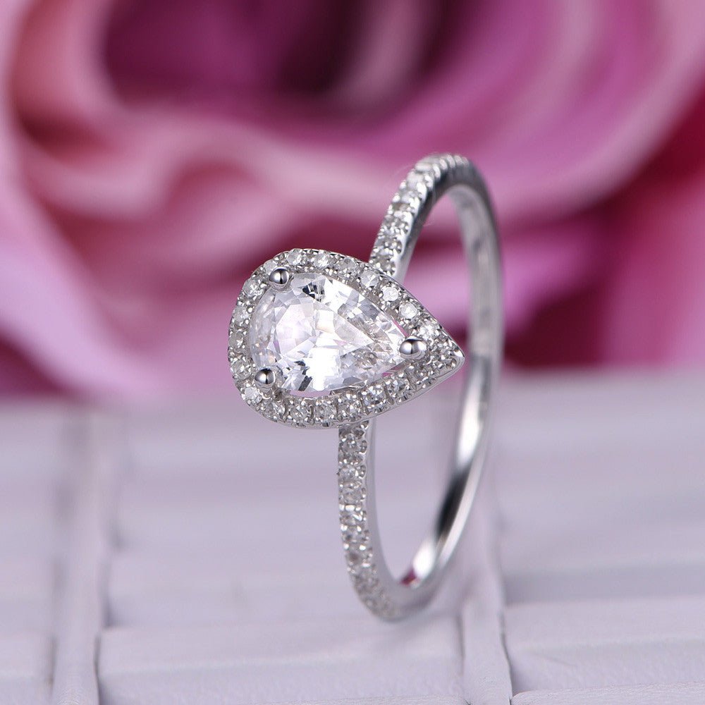 Pear White Topaz Diamond Halo Engagement Ring 14K White Gold - Lord of Gem Rings