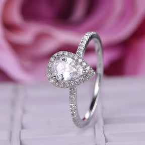 Pear White Topaz Diamond Halo Engagement Ring 14K White Gold - Lord of Gem Rings