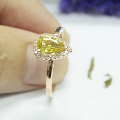 Pear Yellow Tourmaline Diamond Halo Engagement Ring - Lord of Gem Rings