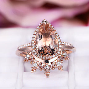 Reserved for Orlando- 8x12mm Pear Morganite Ring Diamond Tiara Wedding Bridal Set