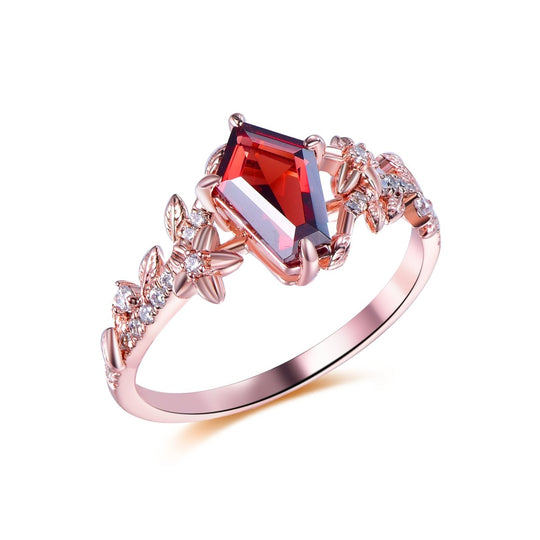 Pentagon Red Garnet Engagement Leaf Ring 14K Gold/Silver
