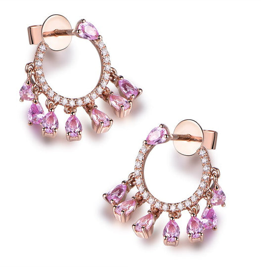 Pink Sapphire Diamond Dangle Earrings 18K Gold