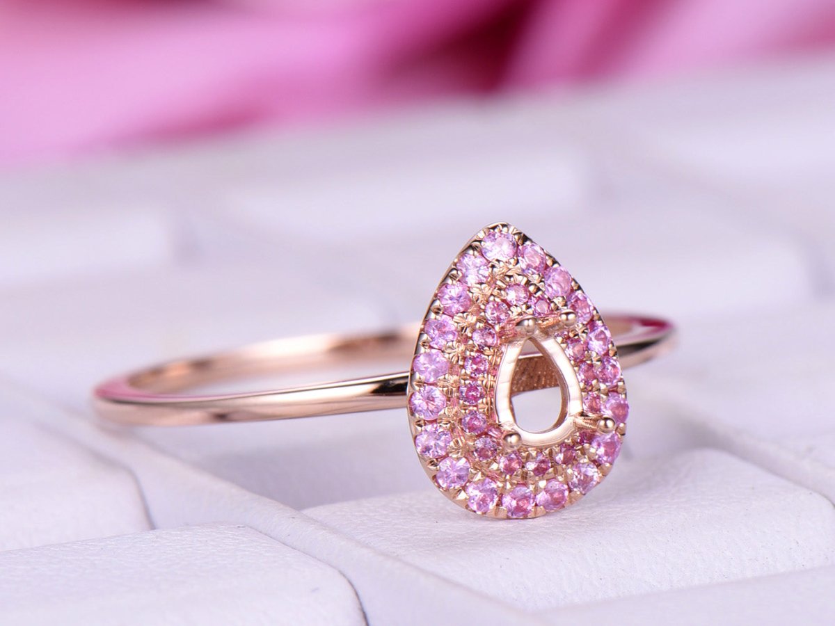 Pink Sapphire Double Halo Pear Semi Mount Ring - Lord of Gem Rings