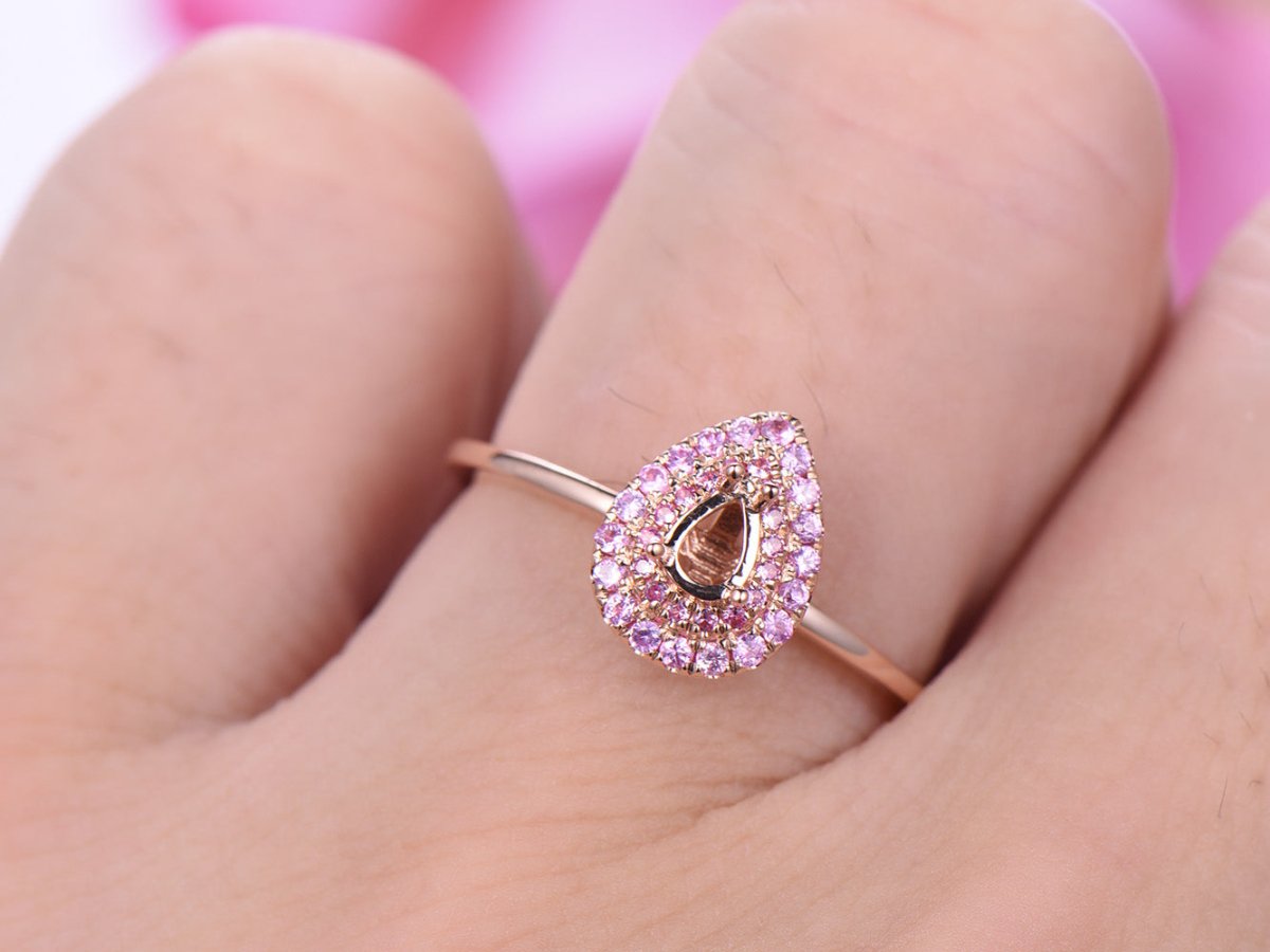Pink Sapphire Double Halo Pear Semi Mount Ring - Lord of Gem Rings