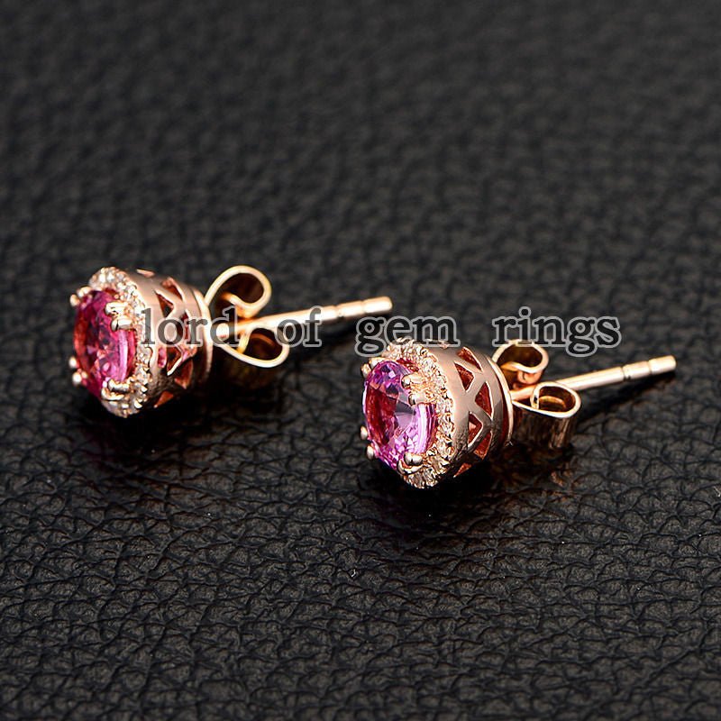 Pink Sapphire Stud Earrings Diamond Halo 14K Rose Gold - Lord of Gem Rings