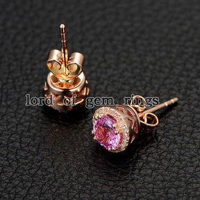 Pink Sapphire Stud Earrings Diamond Halo 14K Rose Gold - Lord of Gem Rings