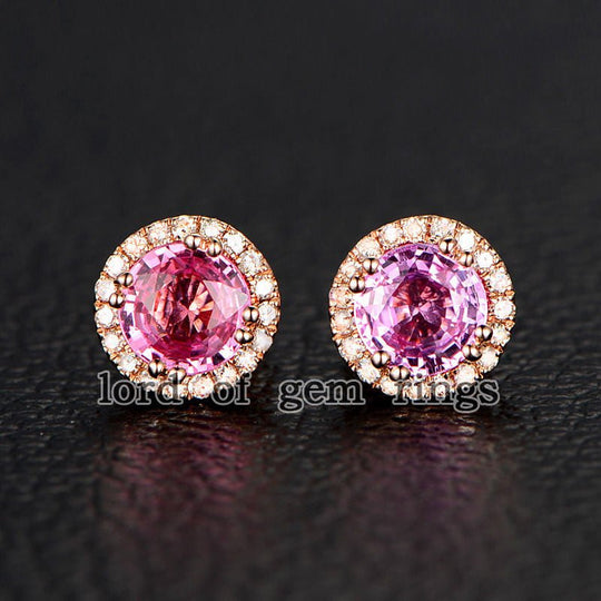 Pink Sapphire Stud Earrings Diamond Halo 14K Rose Gold