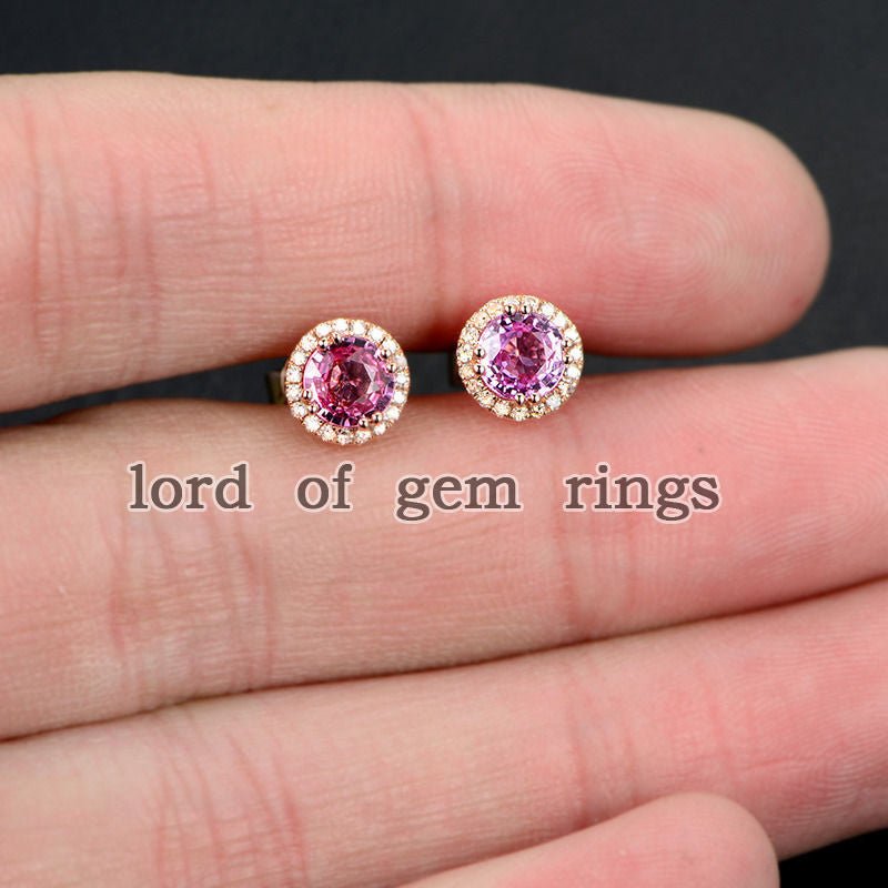 Pink Sapphire Stud Earrings Diamond Halo 14K Rose Gold - Lord of Gem Rings