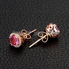 Pink Sapphire Stud Earrings Diamond Halo 14K Rose Gold - Lord of Gem Rings