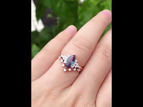 Marquise Alexandrite Ring with Chevron Diamond Band Bridal Set 14K Rose Gold