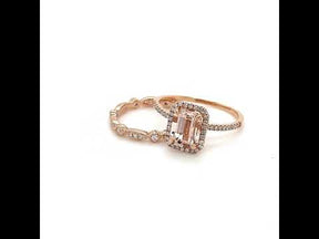 Emerald Cut Morganite Bridal Set Art Deco Diamond Band