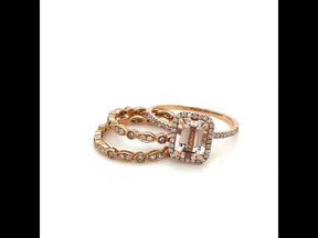 1.4ct Emerald Cut Morganite Ring Vintage Trio Bridal Set 14K Gold