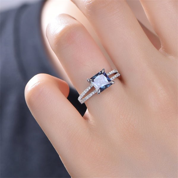 Princess Alexandrite Diamond Split Shank Ring 14K White Gold - Lord of Gem Rings