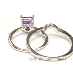 Princess Amethyst Curved Diamond Band Bridal Set 14K White Gold - Lord of Gem Rings