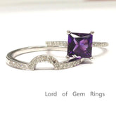 Princess Amethyst Curved Diamond Band Bridal Set 14K White Gold - Lord of Gem Rings