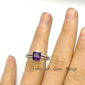 Princess Amethyst Curved Diamond Band Bridal Set 14K White Gold - Lord of Gem Rings