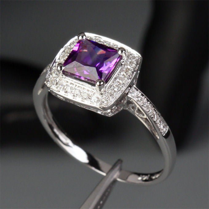 Princess Amethyst Cushion Halo Ring with Diamond Accents 14K White Gold - Lord of Gem Rings