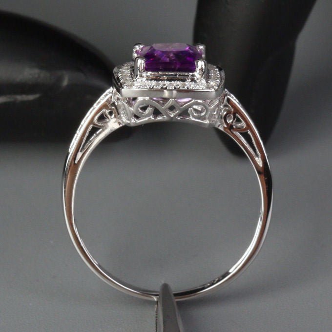 Princess Amethyst Cushion Halo Ring with Diamond Accents 14K White Gold - Lord of Gem Rings