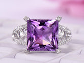 Princess Amethyst Diamond Floral Engagement Ring 14k White Gold - Lord of Gem Rings