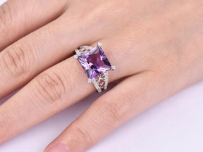 Princess Amethyst Diamond Floral Engagement Ring 14k White Gold - Lord of Gem Rings