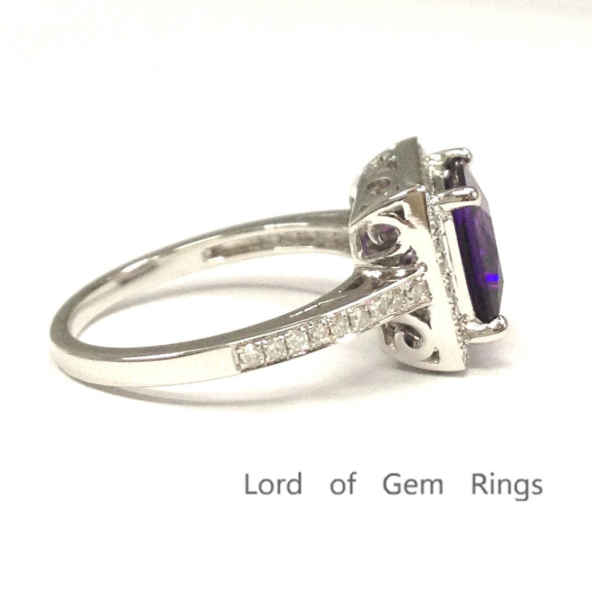 Princess Amethyst Diamond Halo Ring 14K White Gold - Lord of Gem Rings