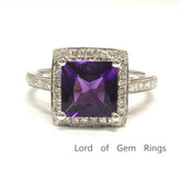 Princess Amethyst Diamond Halo Ring 14K White Gold - Lord of Gem Rings