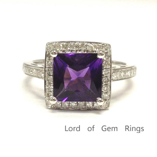 Princess Amethyst Diamond Halo Ring 14K White Gold