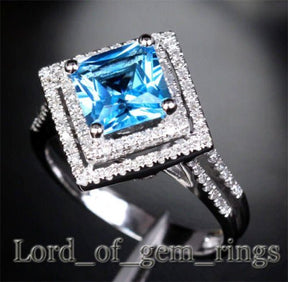 Princess Blue Topaz Diamond Double Halo Split Shank Square Ring - Lord of Gem Rings