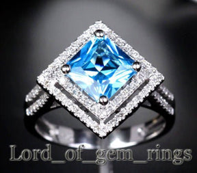 Princess Blue Topaz Diamond Double Halo Split Shank Square Ring - Lord of Gem Rings