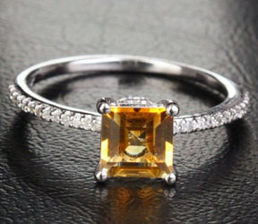 Princess Citrine Diamond Engagement Ring 14k White Gold - Lord of Gem Rings