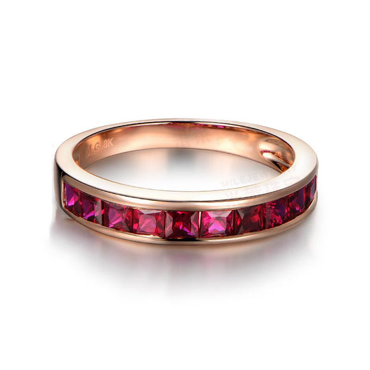 Princess Cut Genuine Ruby July Birthstone Band 18K Gold