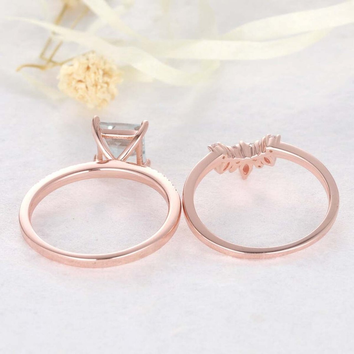 Princess cut Moss Agate Opal Diamond Tiara Bridal Ring Set - Lord of Gem Rings