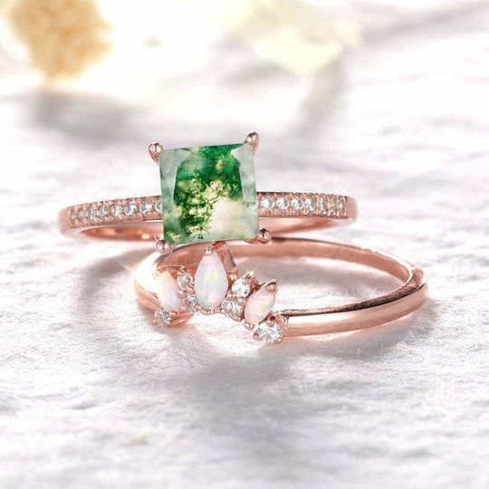 Princess cut Moss Agate Opal Diamond Tiara Bridal Ring Set