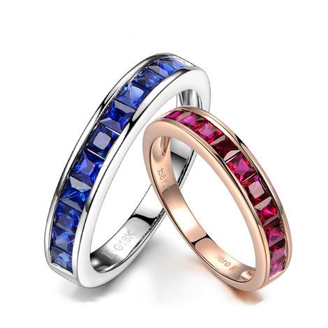 Princess Cut Ruby Sapphire Couple July Birthstone Band 18K Gold