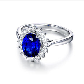 Princess Diana Inspired Royal Blue Sapphire Diamond Halo Ring 18K Gold - Lord of Gem Rings