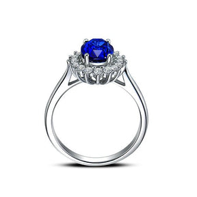 Princess Diana Inspired Royal Blue Sapphire Diamond Halo Ring 18K Gold - Lord of Gem Rings