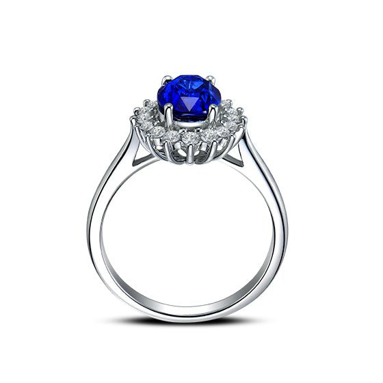 Princess Diana Inspired Royal Blue Sapphire Diamond Halo Ring 18K Gold - Lord of Gem Rings