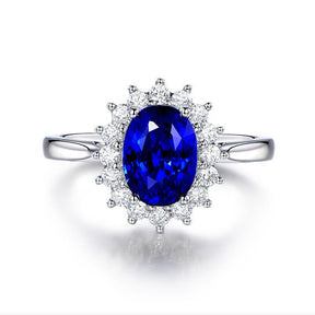 Princess Diana Inspired Royal Blue Sapphire Diamond Halo Ring 18K Gold - Lord of Gem Rings