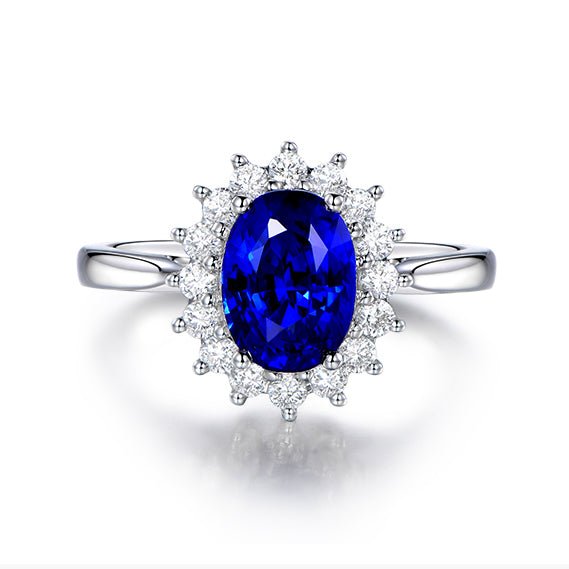 Princess Diana Inspired Royal Blue Sapphire Diamond Halo Ring 18K Gold - Lord of Gem Rings