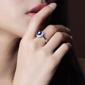 Princess Diana Inspired Royal Blue Sapphire Diamond Halo Ring 18K Gold - Lord of Gem Rings