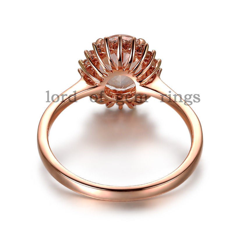 Princess Diana Oval Morganite Diamond Halo Ring 14K Rose Gold - Lord of Gem Rings
