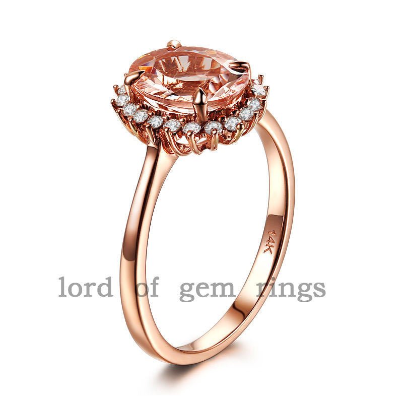 Princess Diana Oval Morganite Diamond Halo Ring 14K Rose Gold - Lord of Gem Rings