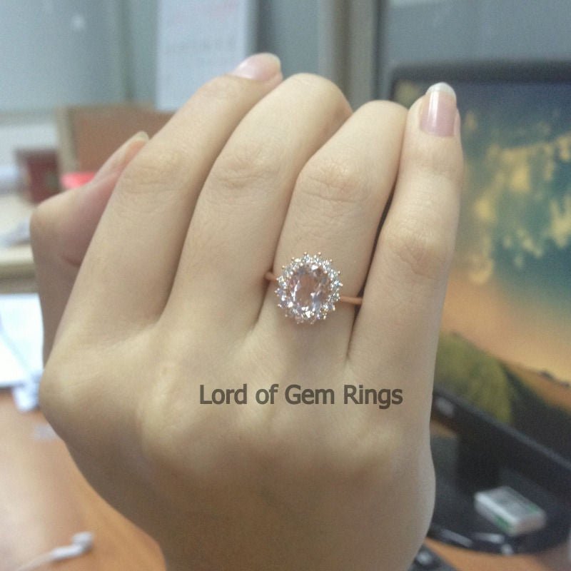 Princess Diana Oval Morganite Diamond Halo Ring 14K Rose Gold - Lord of Gem Rings