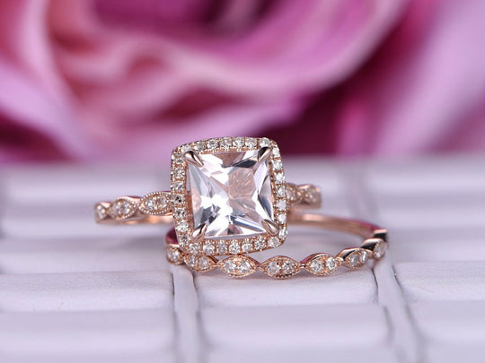 Princess Morganite Diamond Cushion Halo Art Deco Bridal Set