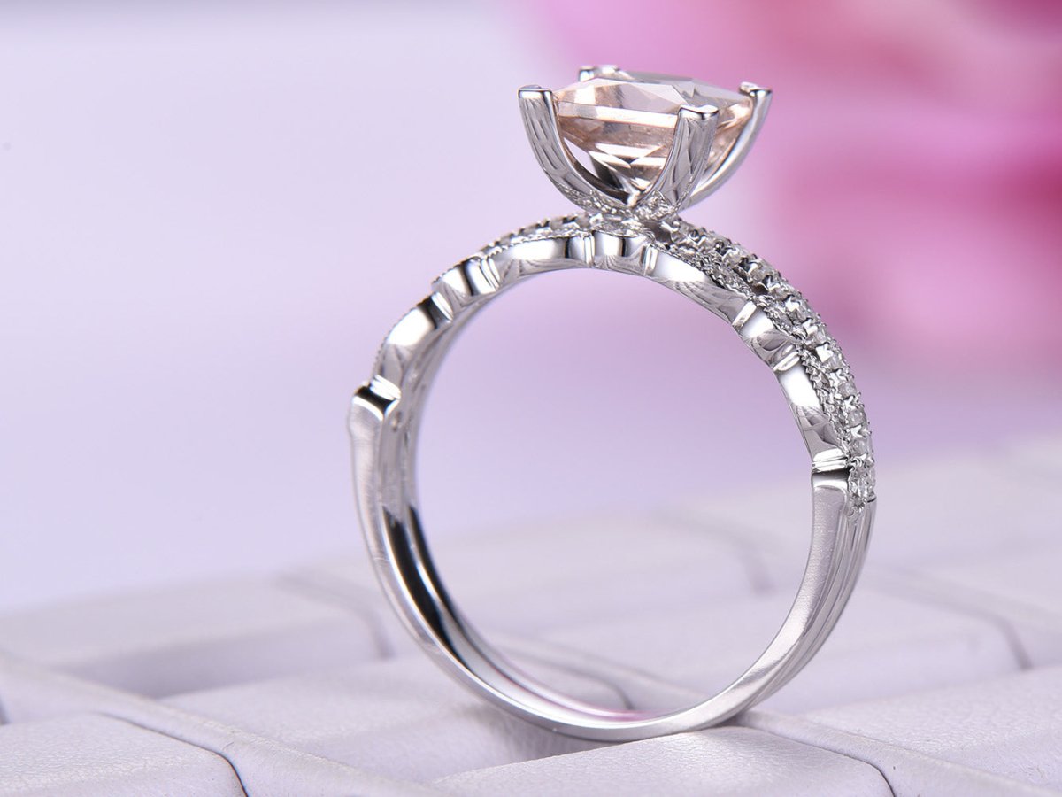 Princess Morganite Diamond United - as - One Bridal Set 14K Gold - Lord of Gem Rings