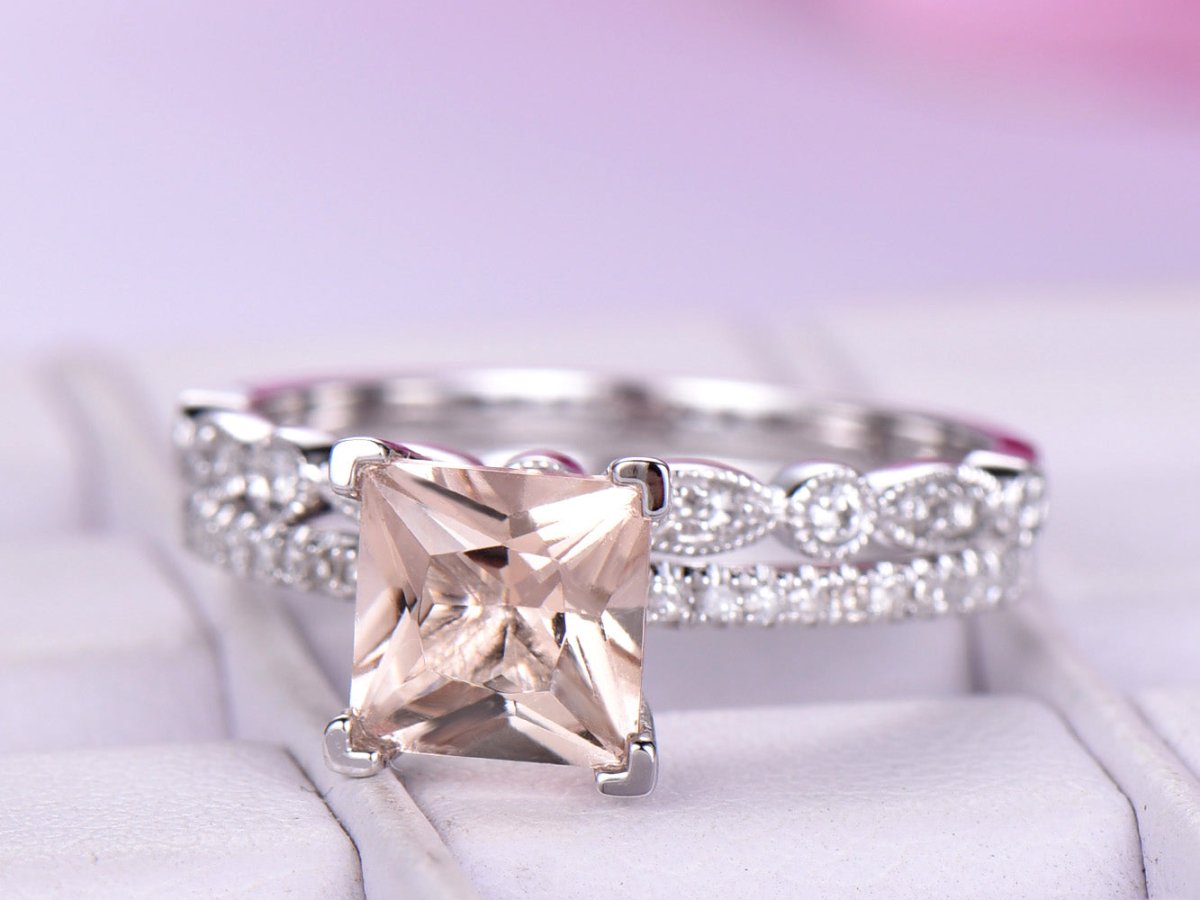 Princess Morganite Diamond United - as - One Bridal Set 14K Gold - Lord of Gem Rings